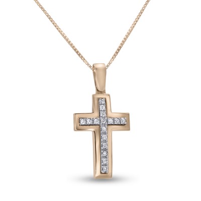 Σταυρός Με Αλυσίδα Ροζ Χρυσό, 14 Καράτια, Λευκά Ζιργκόν oro2837