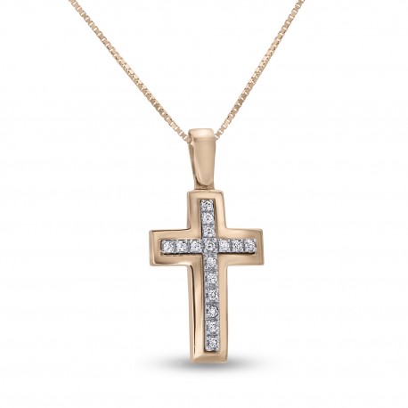 Σταυρός Με Αλυσίδα Ροζ Χρυσό, 14 Καράτια, Λευκά Ζιργκόν oro2837 