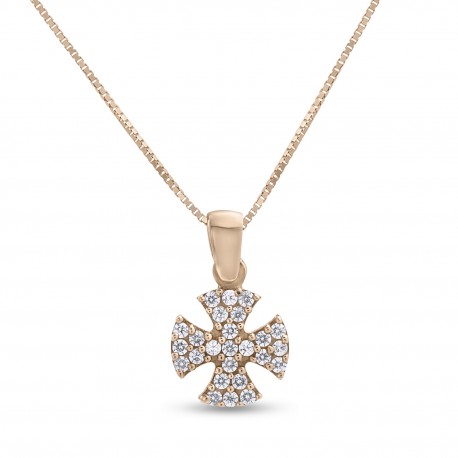 Σταυρός Με Αλυσίδα Ροζ Χρυσό, 14 Καράτια, Λευκά Ζιργκόν oro2838 