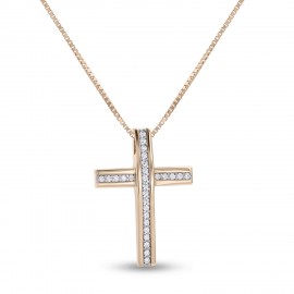 Σταυρός Με Αλυσίδα Ροζ Χρυσό, 14 Καράτια, Λευκά Ζιργκόν oro2829