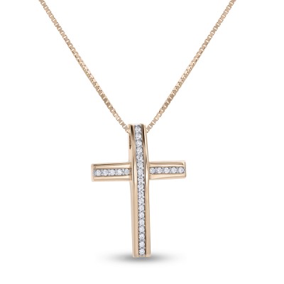 Σταυρός Με Αλυσίδα Ροζ Χρυσό, 14 Καράτια, Λευκά Ζιργκόν oro2829