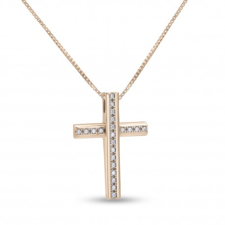 Σταυρός Με Αλυσίδα Ροζ Χρυσό, 14 Καράτια, Λευκά Ζιργκόν oro2829 
