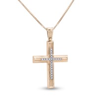 Σταυρός Με Αλυσίδα Ροζ Χρυσό, 14 Καράτια, Λευκά Ζιργκόν oro2831