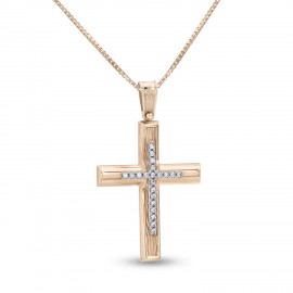 Σταυρός Με Αλυσίδα Ροζ Χρυσό, 14 Καράτια, Λευκά Ζιργκόν oro2831