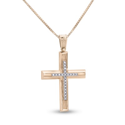 Σταυρός Με Αλυσίδα Ροζ Χρυσό, 14 Καράτια, Λευκά Ζιργκόν oro2831