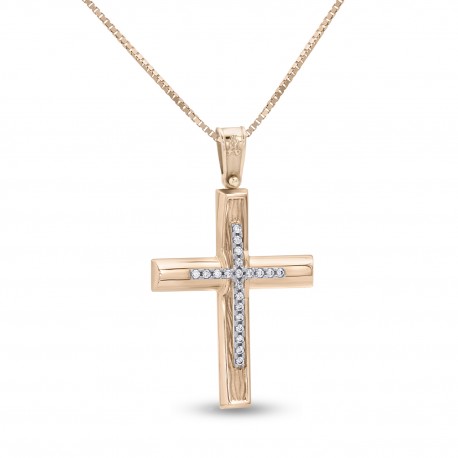 Σταυρός Με Αλυσίδα Ροζ Χρυσό, 14 Καράτια, Λευκά Ζιργκόν oro2831 