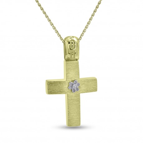 Σταυρός Με Αλυσίδα,Χρυσός,14 Καράτια Με Λευκό Ζιργκόν oro2842 