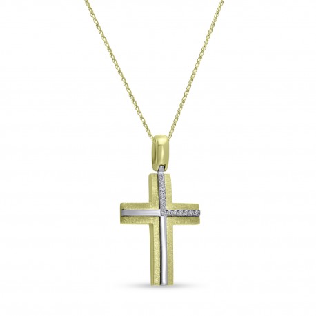 Σταυρός Με Αλυσίδα Χρυσός, 18 Καράτια, Λευκά Μπριγιάν oro2890 