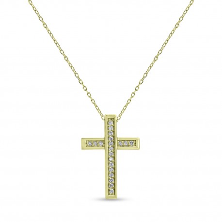 Σταυρός Με Αλυσίδα Χρυσός, 18 Καράτια, Λευκά Μπριγιάν oro2891 