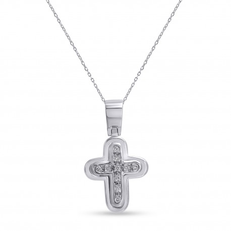 Σταυρός Με Αλυσίδα Λευκόχρυσος, 18 Καράτια, Λευκά Μπριγιάν oro2887 