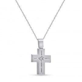 Σταυρός Με Αλυσίδα Λευκόχρυσος, 18 Καράτια, Λευκά Μπριγιάν oro2888