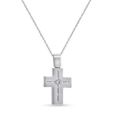Σταυρός Με Αλυσίδα Λευκόχρυσος, 18 Καράτια, Λευκά Μπριγιάν oro2888