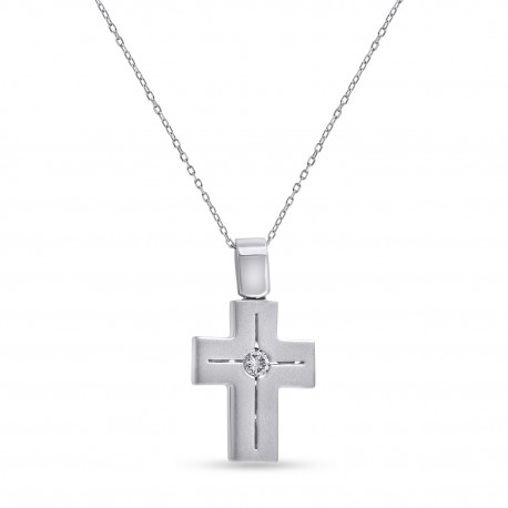 Σταυρός Με Αλυσίδα Λευκόχρυσος, 18 Καράτια, Λευκά Μπριγιάν oro2888 