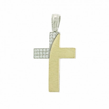 Σταυρός Γυναικείος 14 Καράτια Δίχρωμος Χρυσό-Λευκόχρυσο Με Πέτρες Ζιργκόν 5ΔΟ.287ΔΣΤ