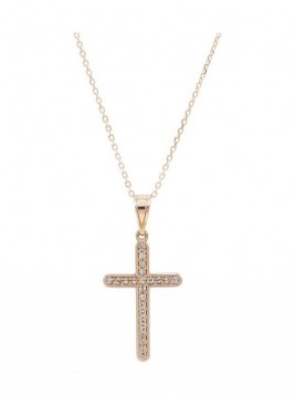 Σταυρός Με Αλυσίδα Γυναικείος Ροζ Χρυσό 14 Καράτια, Λευκά Ζιργκόν oro872