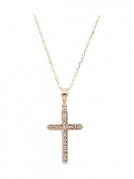 Σταυρός Με Αλυσίδα Γυναικείος Ροζ Χρυσό 14 Καράτια, Λευκά Ζιργκόν oro872 