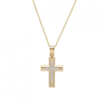 Σταυρός Με Αλυσίδα Γυναικειός Χρυσός 14 Καράτια,Λευκές Πέτρες Ζιργκόν oro790