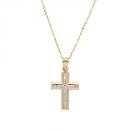 Σταυρός Με Αλυσίδα Γυναικειός Χρυσός 14 Καράτια,Λευκές Πέτρες Ζιργκόν oro790 