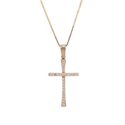 Σταυρός Με Αλυσίδα Γυναικείος Ροζ Χρυσό 14 Καράτια,Λευκά Ζιργκόν oro803