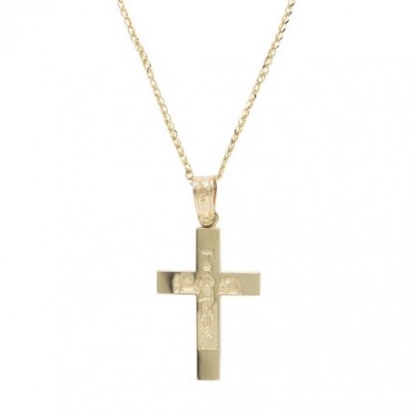 Σταυρός Ανδρικός Διπλής Όψεως Χρυσός 14 Καράτια Με Αλυσίδα oro799 