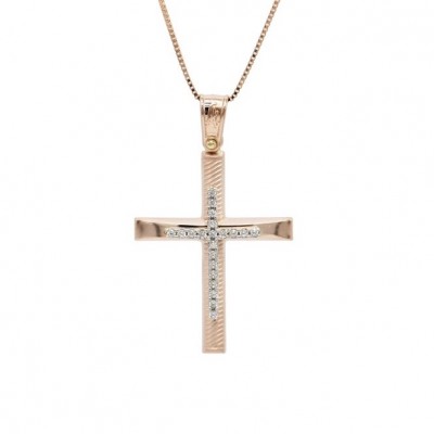 Σταυρός Με Αλυσίδα Γυναικείος, Ροζ Χρυσό 14 Καράτια oro670