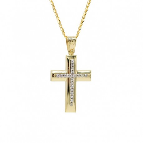 Σταυρός Με Αλυσίδα Γυναικείος Χρυσός Με Λευκά Ζιργκόν 14 Καράτια oro656 