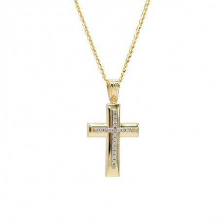 Σταυρός Με Αλυσίδα Γυναικείος Χρυσός Με Λευκά Ζιργκόν 14 Καράτια oro656 