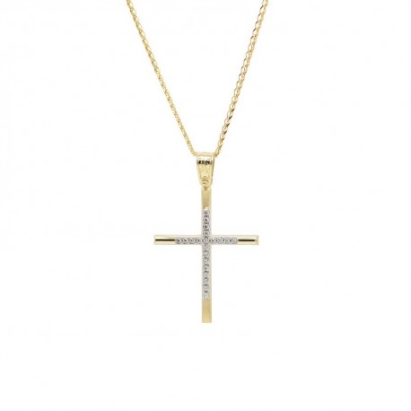 Σταυρός Με Αλυσίδα Γυναικείος Χρυσός, Λευκά Ζιργκόν 14 Καράτια oro674 