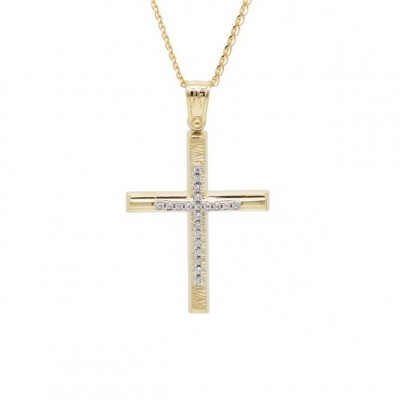 Σταυρός Με Αλυσίδα Γυναικείος Χρυσός, Λευκά Ζιργκόν 14 Καράτια oro675