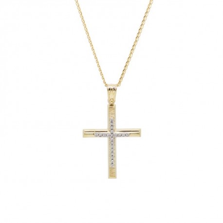 Σταυρός Με Αλυσίδα Γυναικείος Χρυσός, Λευκά Ζιργκόν 14 Καράτια oro675 