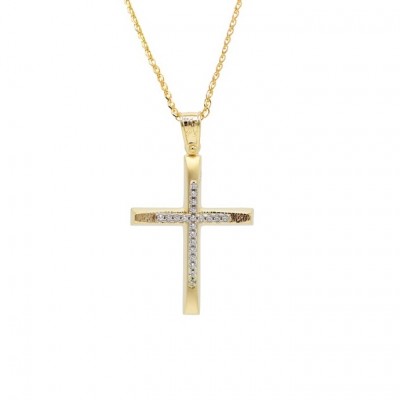 Σταυρός Με Αλυσίδα Γυναικείος Χρυσός, Λευκά Ζιργκόν 14 Καράτια oro659