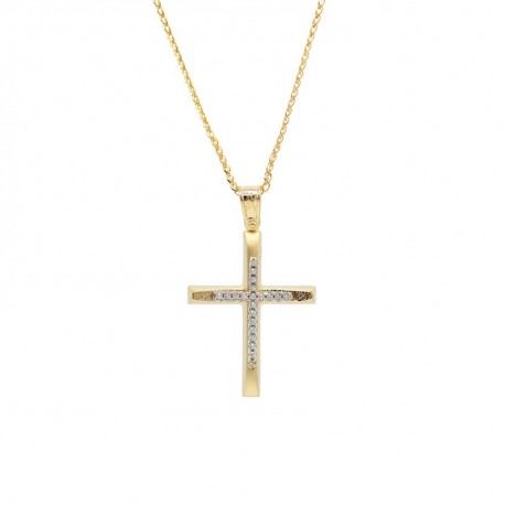 Σταυρός Με Αλυσίδα Γυναικείος Χρυσός, Λευκά Ζιργκόν 14 Καράτια oro659 