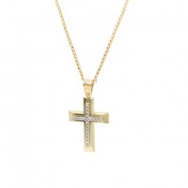 Σταυρός Με Αλυσίδα Γυναικείος Χρυσός, Λευκά Ζιργκόν 14 Καράτια oro660