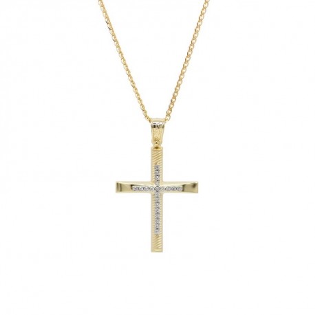 Σταυρός Με Αλυσίδα Γυναικείος Χρυσός, Λευκά Ζιργκόν 14 Καράτια oro676 