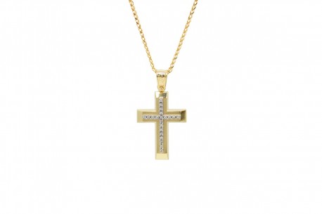 Σταυρός Με Αλυσίδα Γυναικείος Χρυσός, Λευκά Ζιργκόν 14 Καράτια oro662 