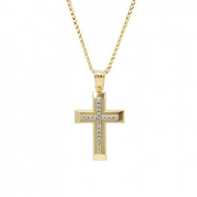 Σταυρός Με Αλυσίδα Γυναικείος Χρυσός, Λευκά Ζιργκόν 14 Καράτια oro662