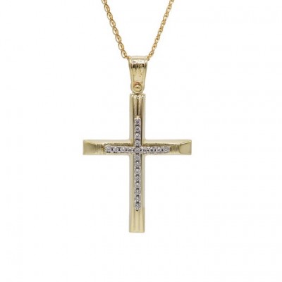 Σταυρός Με Αλυσίδα Γυναικείος Χρυσός, Λευκά Ζιργκόν 14 Καράτια oro677