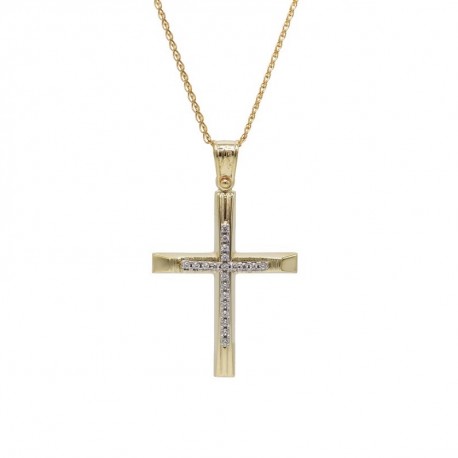Σταυρός Με Αλυσίδα Γυναικείος Χρυσός, Λευκά Ζιργκόν 14 Καράτια oro677 