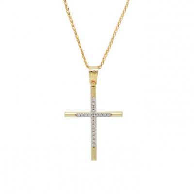  Σταυρός Με Αλυσίδα Γυναικείος Χρυσός, Λευκά Ζιργκόν 14 Καράτια oro666