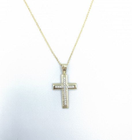 Σταυρός Με Αλυσίδα Γυναικείος Χρυσός,Λευκά Ζιργκόν 14 Καράτια oro658 