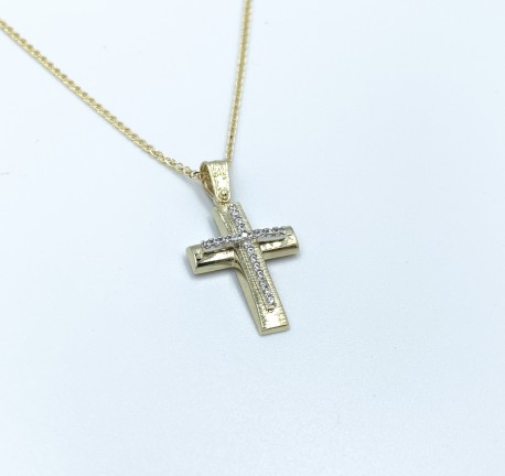 Σταυρός Με Αλυσίδα Γυναικείος Χρυσός,Λευκά Ζιργκόν 14 Καράτια oro658 