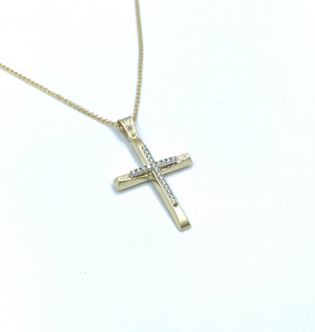 Σταυρός Με Αλυσίδα Γυναικείος Χρυσός, Λευκά Ζιργκόν 14 Καράτια oro659 