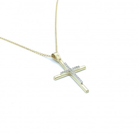 Σταυρός Με Αλυσίδα Γυναικείος Χρυσός, Λευκά Ζιργκόν 14 Καράτια oro674 