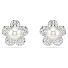 Swarovski Σκουλαρίκια Ariana Grande x Swarovski Crystal pearl, Στρογγυλή κοπή, Λουλούδι, Λευκά, Επιμετάλλωση ροδίου 5756098