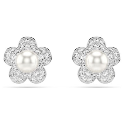 Swarovski Σκουλαρίκια Ariana Grande x Swarovski Crystal pearl, Στρογγυλή κοπή, Λουλούδι, Λευκά, Επιμετάλλωση ροδίου 5756098