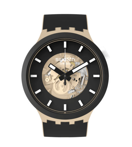 SWATCH Big Bold Bioceramic Time For Taupe Black Silicone Strap SB03C100 