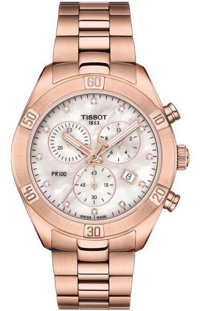 TISSOT T-Classic PR 100 Sport Chic Crystals Chronograph Rose Gold Stainless Steel Bracelet T1019173311600 