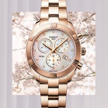 TISSOT T-Classic PR 100 Sport Chic Crystals Chronograph Rose Gold Stainless Steel Bracelet T1019173311600 