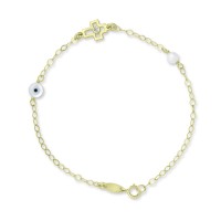 Βραχιόλι-Σταυρός Χρυσό 9 Καρατίων Με Μάτι και Μαργαριτάρια oro2980