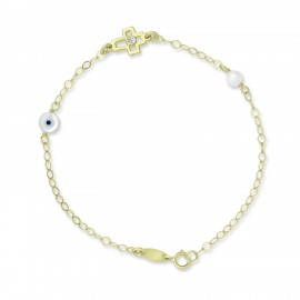 Βραχιόλι-Σταυρός Χρυσό 9 Καρατίων Με Μάτι και Μαργαριτάρια oro2980